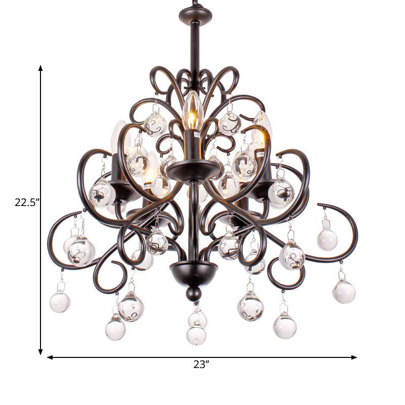 Luz de techo de lágrima de cristal transparente Luz Vintage Estilo Vintage 5 Lámpara de araña de bombillas con vela en negro mate/bronce