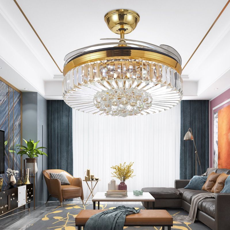 4 Blades Drum LED Hanger Licht Modern Crystal Living Room Semi Flush Mount Plafing Light met afstandsbediening
