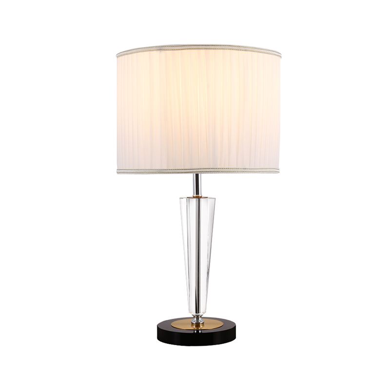Round Great Room Crystal Nightstand Lamp Traditional Pleated Fabric Drum Shade 1 Head White Table Light