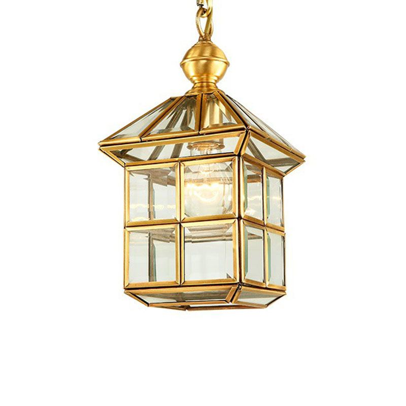 Pendentif en forme de maison traditionnelle lampe suspendue en verre transparent en laiton pour le foyer