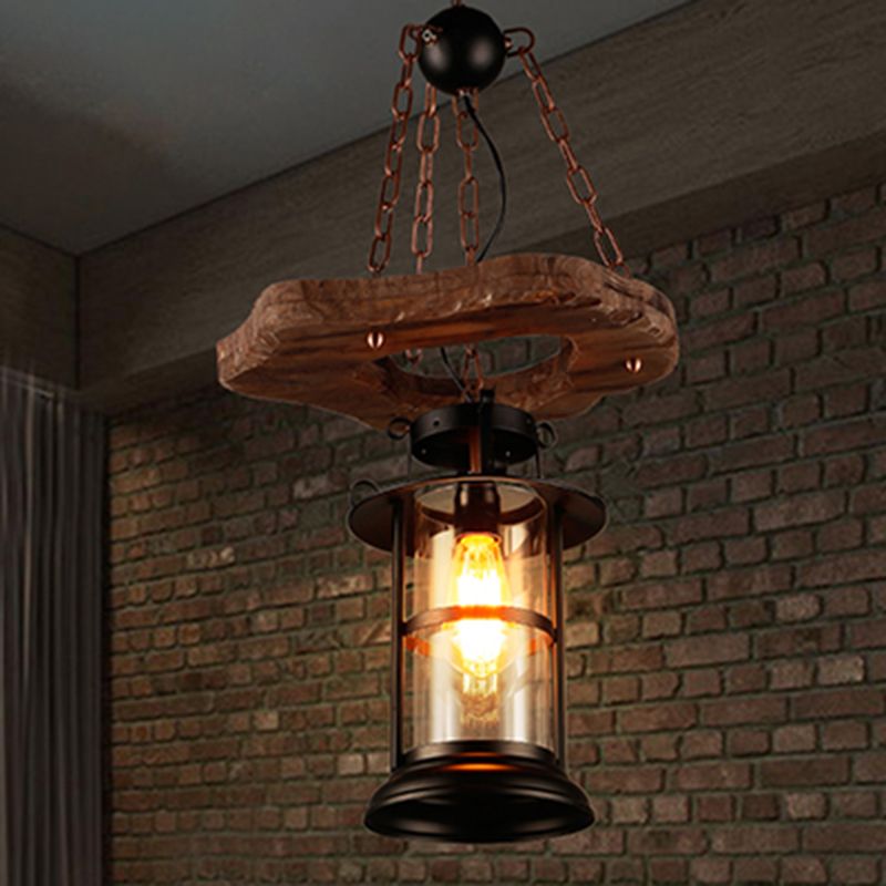 Wood 1-Head Pendant Light Coastal Clear Glass Cylindrical Hanging Ceiling Light for Restaurant
