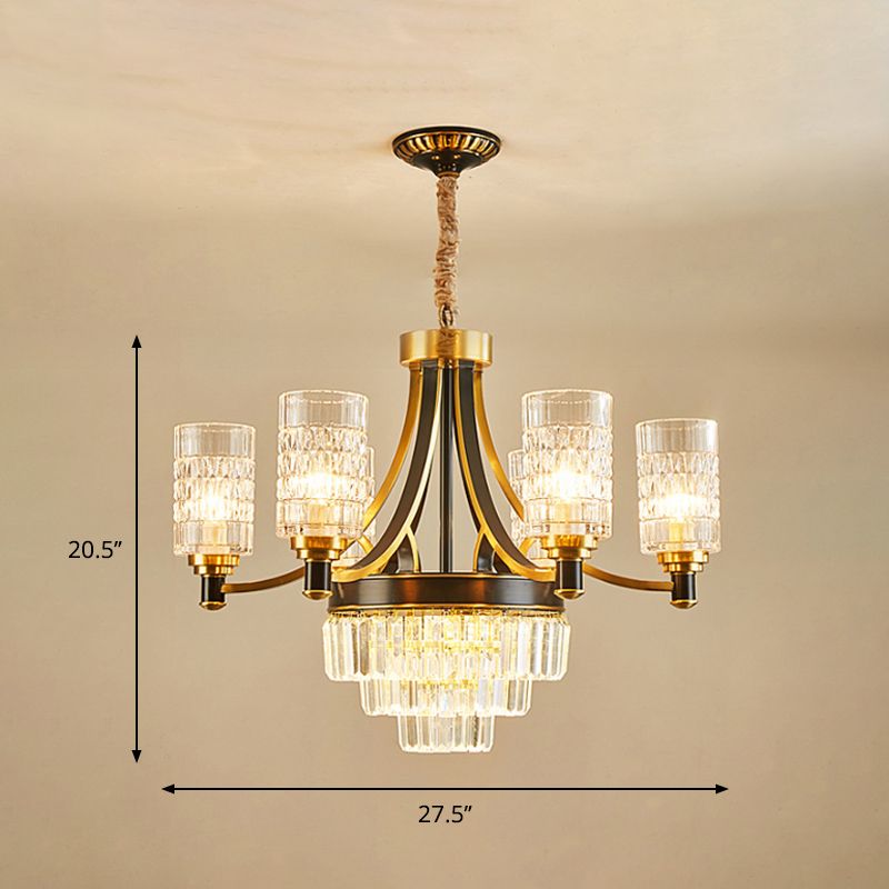 6 Bulbs Ceiling Pendant Retro Living Room Chandelier with Cylinder Clear Glass Shade in Gold