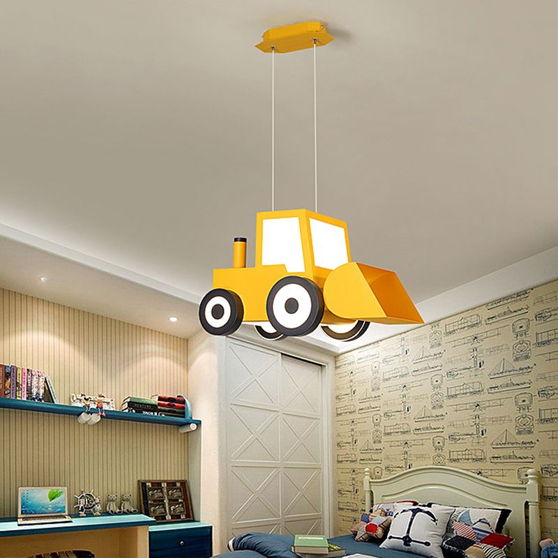Cartoon Bulldozer LED Chandelier Lamp Metal Boys Bedroom Éclairage en suspension