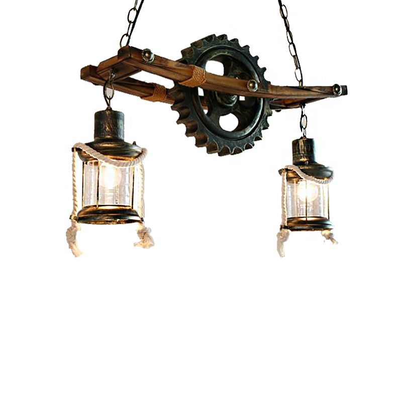 2 Lights Ceiling Light Coastal Kerosene Clear Glass Hanging Chandelier in Bronze with Gear
