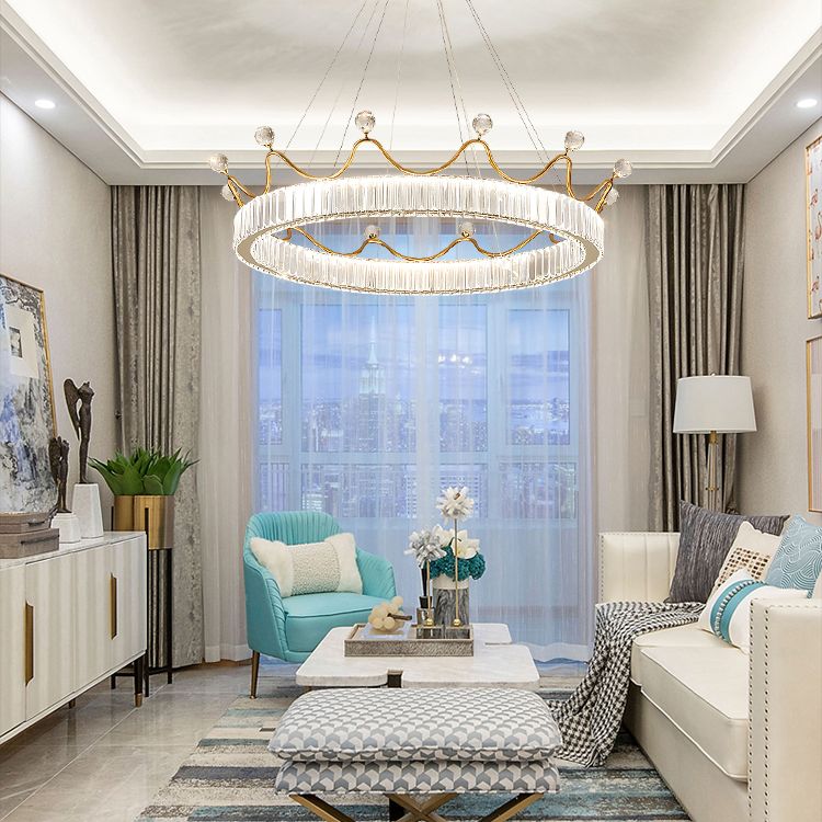 Beveled K9 Crystal Gold Pendant Light Crown Contemporary LED Ceiling Light for Bedroom