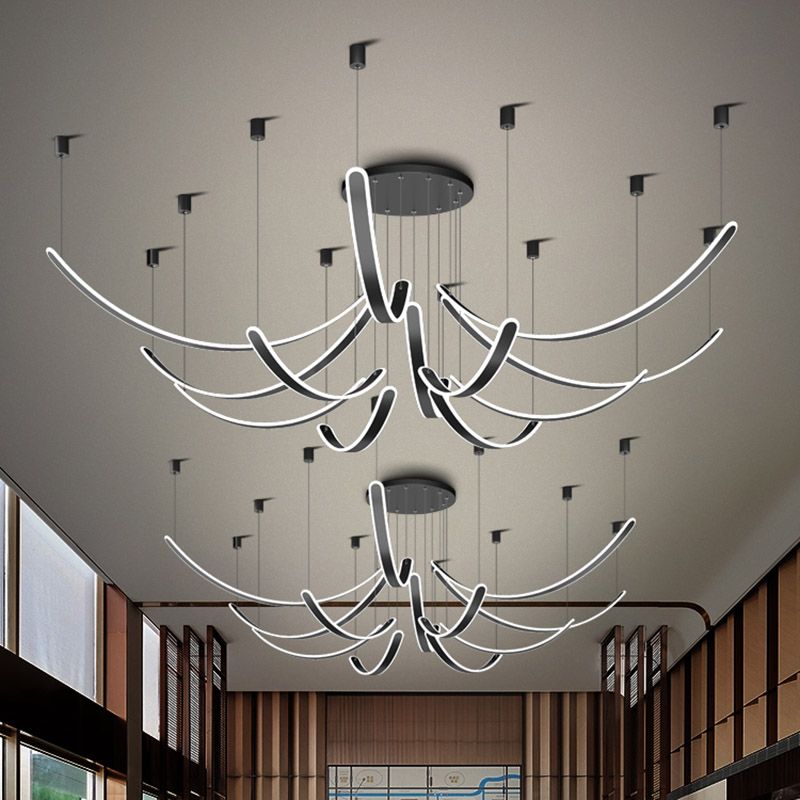 Curved LED Chandelier Minimalist Metal Living Room Villa Hanging Light in Black