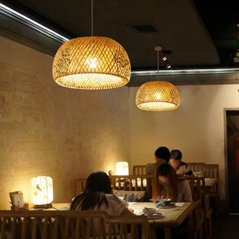 Half-Circle Shade Pendant Light Fixture Asia Style Bamboo Beige Suspension Pendant Light