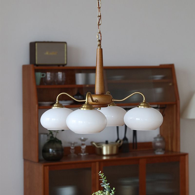 Brass Japanese Chandelier Bowl Shape Multi Light Hanging Light with Wood for Restaurant