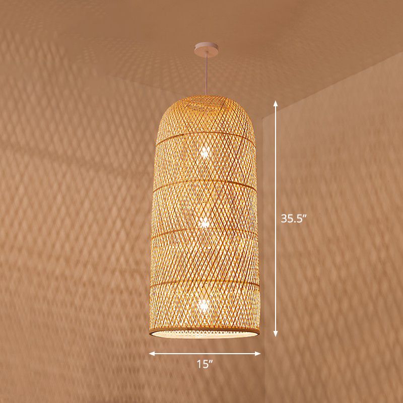 Hand Woven Bamboo Pendant Light Kit Asian 1 Head Beige Suspended Lighting Fixture