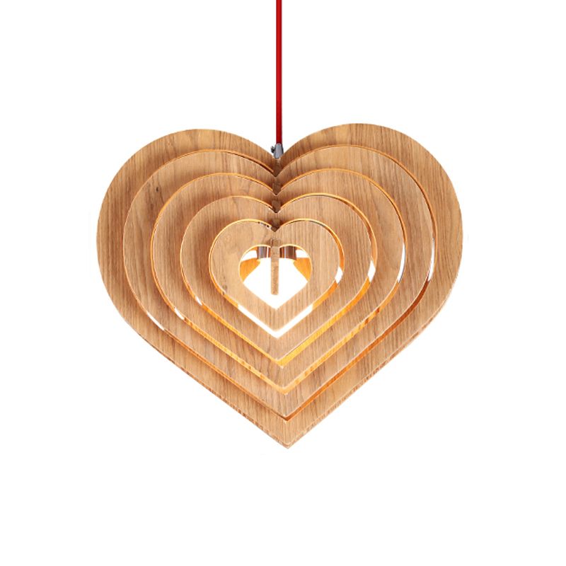 Hout liefdevol hart slinger lichte eigentijdse 1 bol beige hangende hanger over tafel