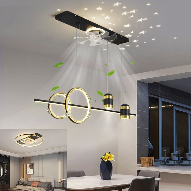 Geometric Island Lights Modern Metal Island Lamp with Fan in Black and Gold