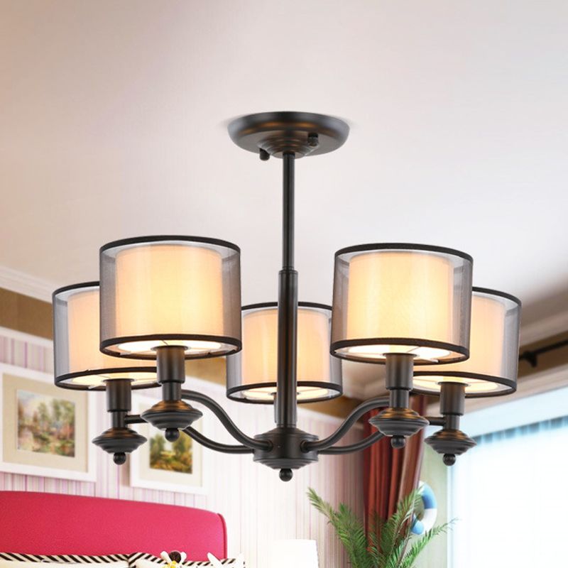 5/6 Bulbs Pendant Chandelier Traditional Double Drum Fabric Hanging Ceiling Light in Black for Bedroom