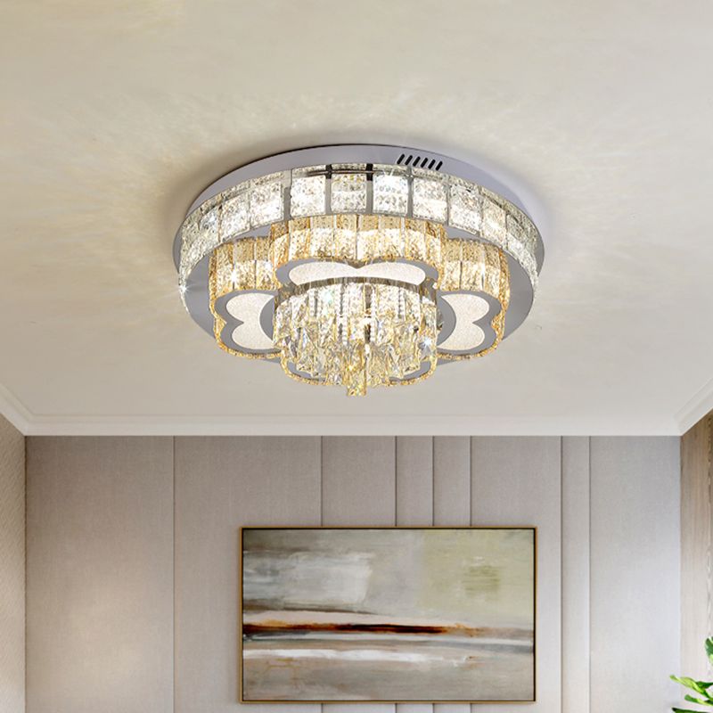 Cut Crystal Floral Flush Ceiling Light Modern Hotel LED Flushmount in Stainless Steel