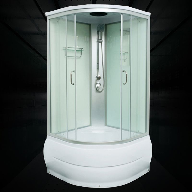 Round Shower Stall Double Sliding Shower Stall with White Base and Rain Shower