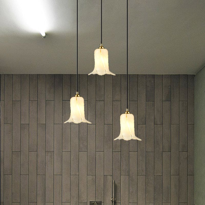 Romantic Pastoral Lily Cluster Pendant 3 Bulbs White/Green/Purple Glass LED Ceiling Hang Fixture for Foyer