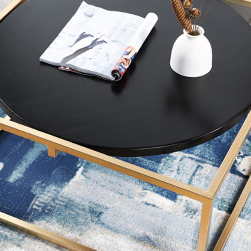 Metal Frame Base Coffee Table Round Solid Wood Cocktail Table in Black