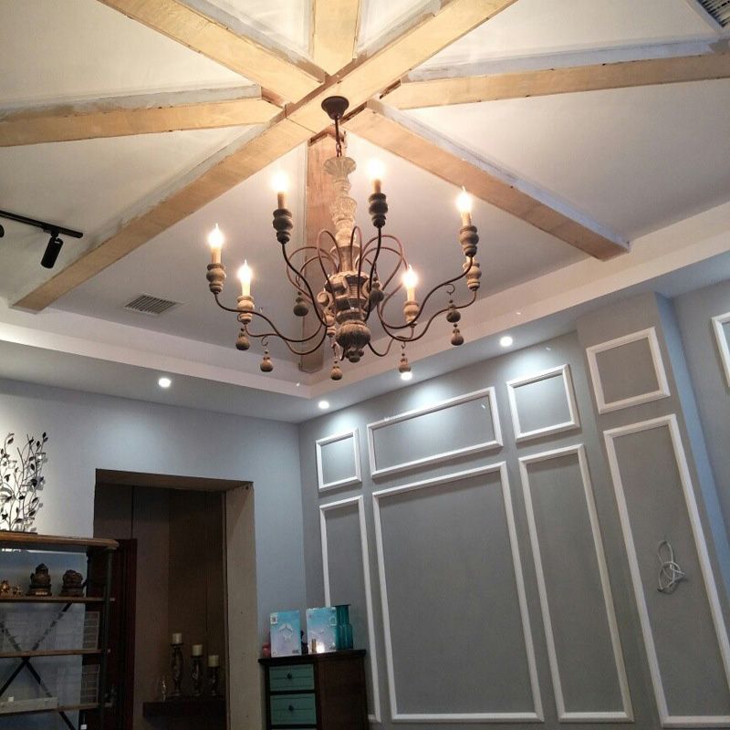 Grey Candle Pendant Lighting Antique Style Wooden Dining Room Chandelier