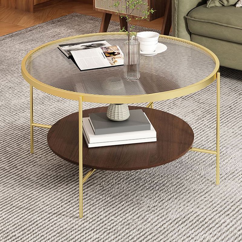 Contemporary 4 Legs Round Glass Top with Storage Shelf Single Coffee Table