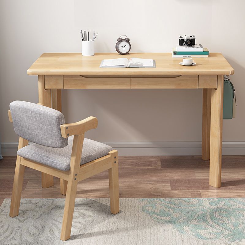 Writing Desk with 2 Drawers Solid Wood Kids Desks and Chair Set in Rubberwood