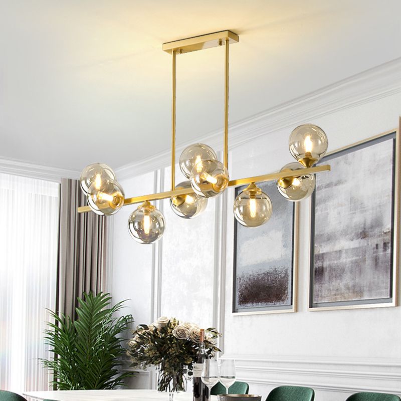 Gold Radial Island Pendant Light in Modern Luxury Style Copper Indoor Hanging Light with Amber Glass Shade