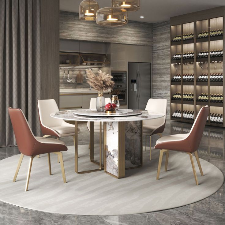 Round Dining Set 1/3/4/5/7 Pcs Stone Dining Table and Upholstered Chairs