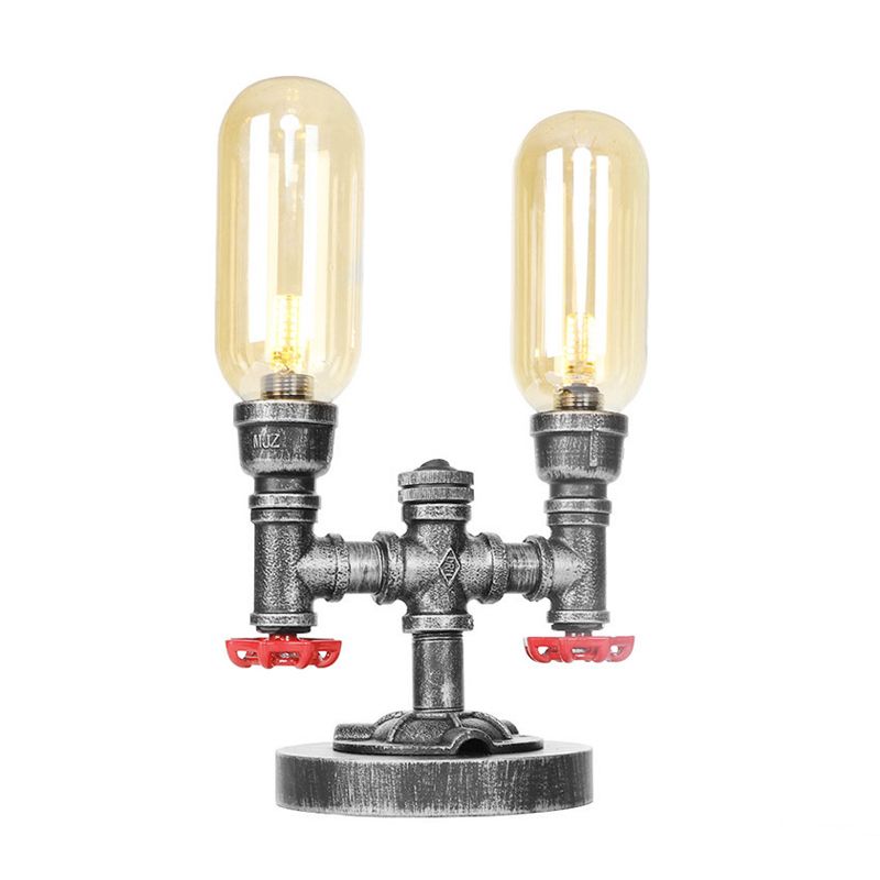 Lámpara de escritorio industrial de 2 luces con pantalla de cápsula de luz de mesa plateada antigua de vidrio transparente/ámbar para sala de estar