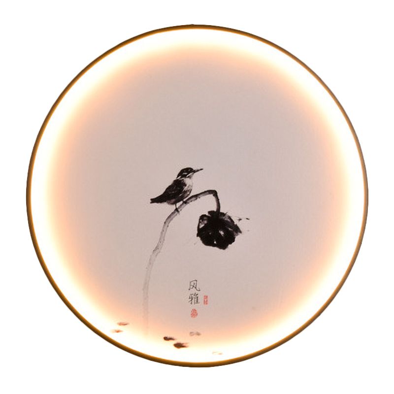 Bird and Lotus LED Mural Light Chinese Style Aluminum Dining Room Circular Flush Mount Sconce in Black