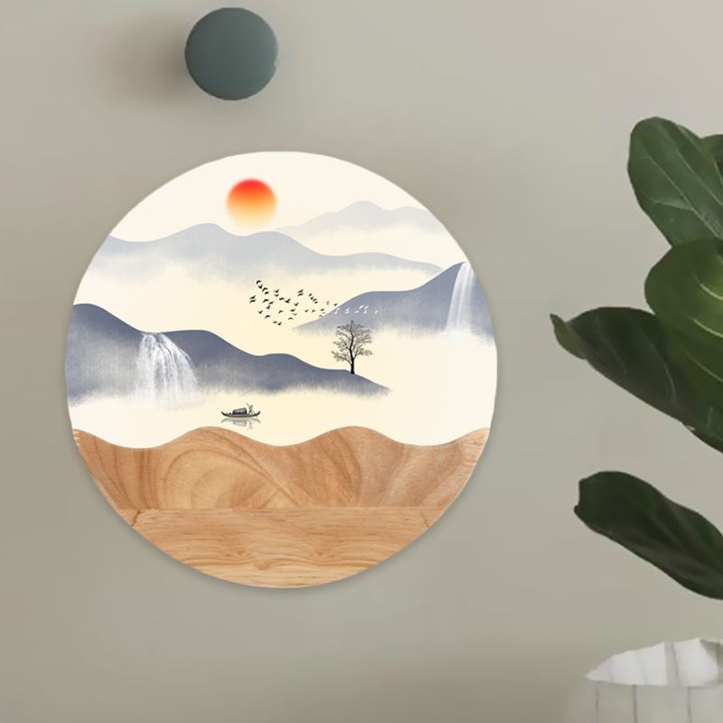 Rounded Acrylic Wall Mounted Light Fixture Asia Style LED Wood Wall Mural Light with Mountain/Branch Pattern
