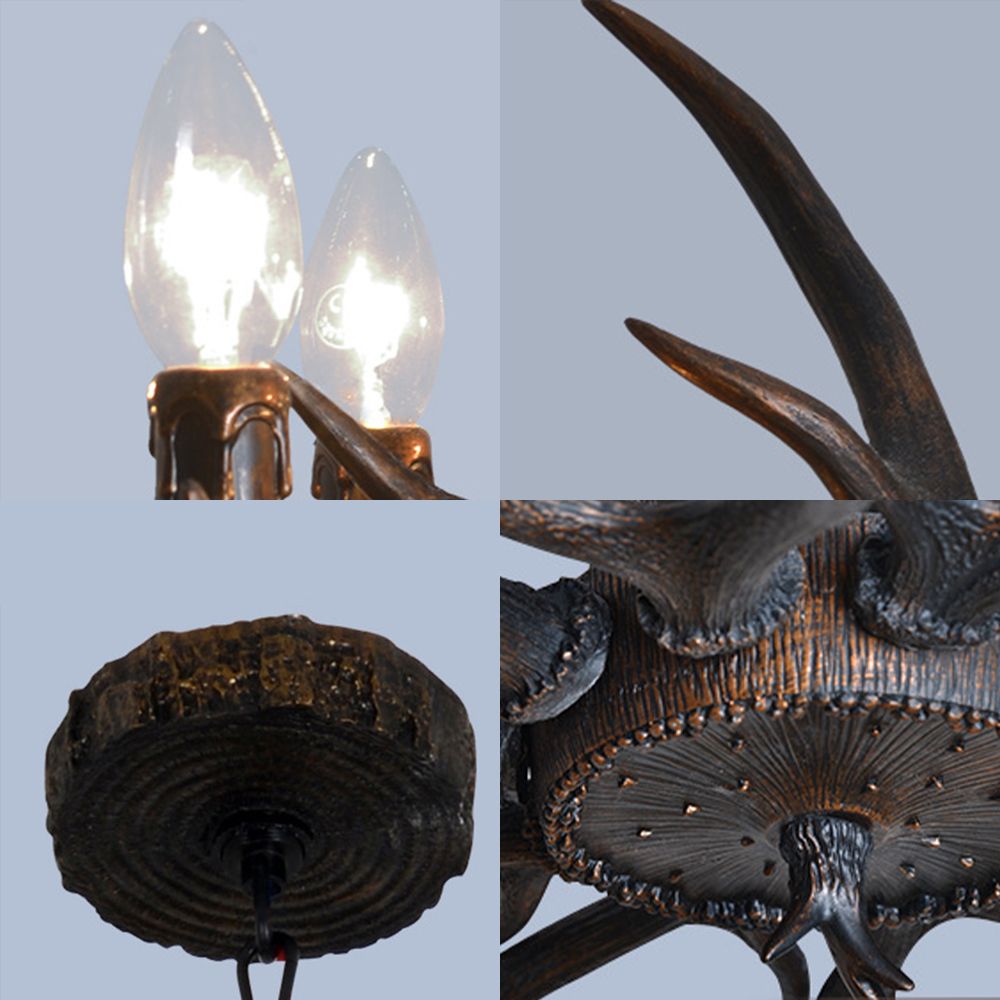 Candelabra Dining Salle suspendue résine traditionnelle 4/6/8 Bulbes Black Chandelier Pendant Light With Deer Antler