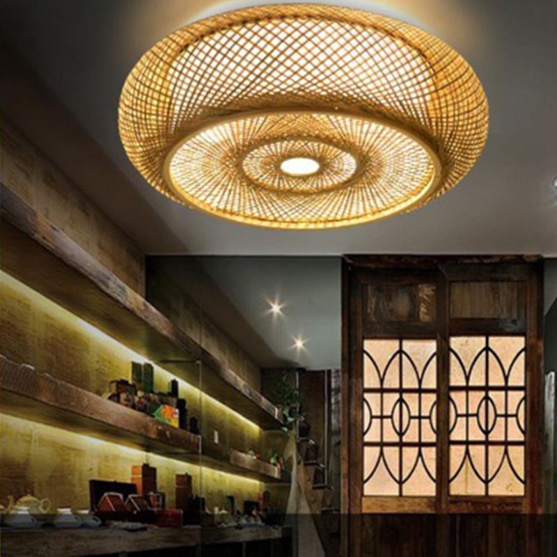 Asian Style Dining Room Rattan Ceiling Light Multi-bulbs Bamboo Hand-weaving Lighting Fixture in Beige