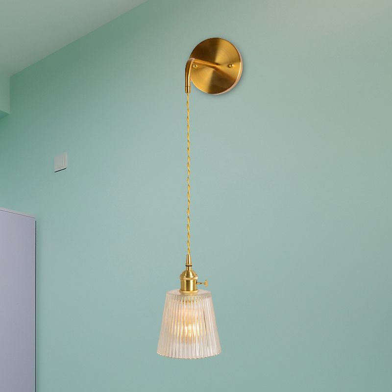 Gold 1 Head Wall Mounted Light Minimalism Clear Ribbed Glass Barrel/Bell/Drum Wall Lighting Fixture