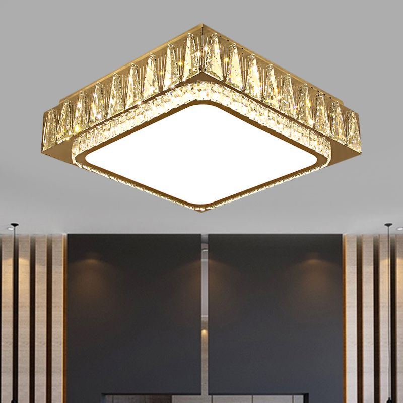 Stainless-Steel LED Ceiling Lighting Modern Clear Beveled Crystal Blocks Square Flushmount Lamp