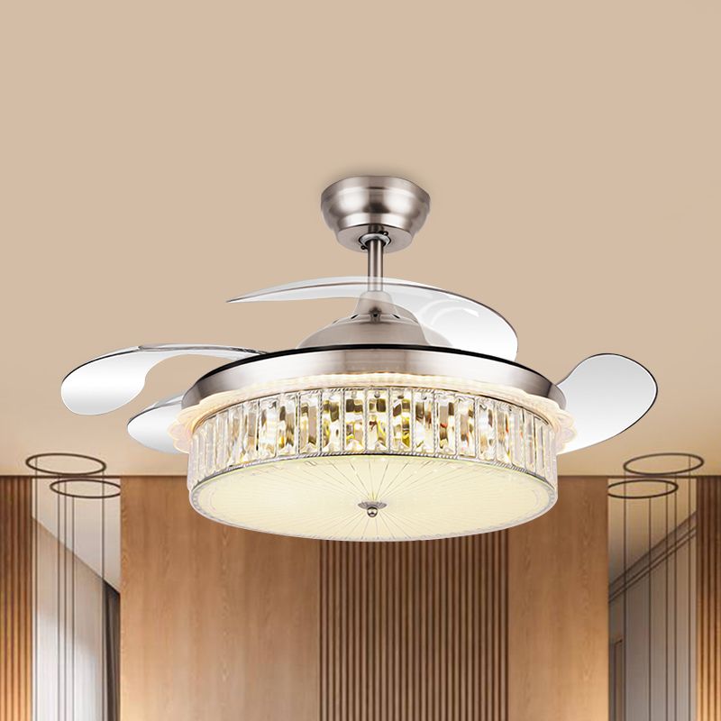 Trommelanhänger Lüfter Lampenlampenminimalist Kristall Rechteck Silber/Gold 19 "Breite LED Semi Flush mit 4-Blade