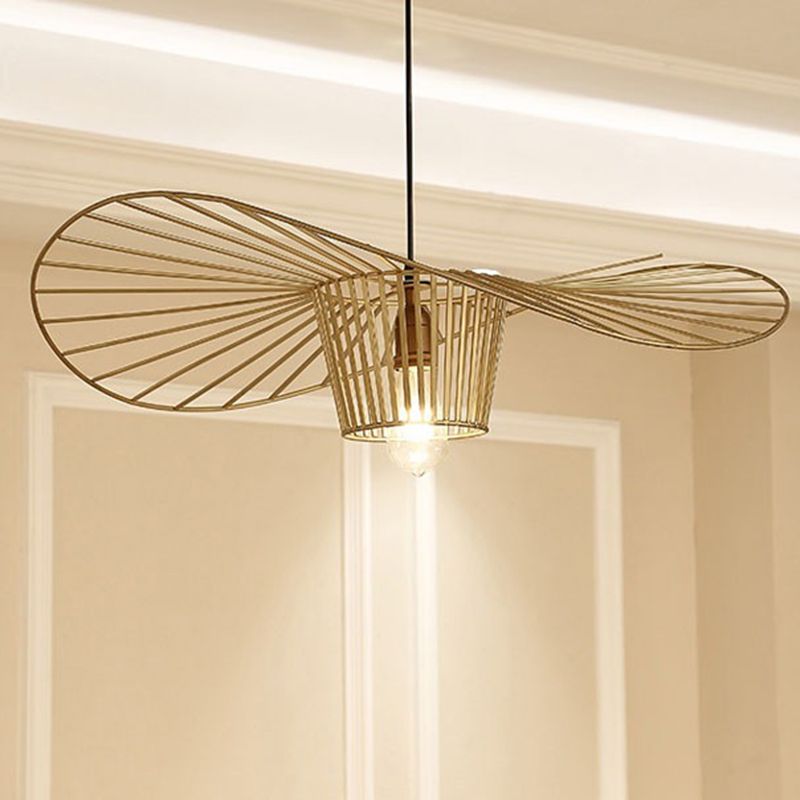 Contemporary Pendant Lights with Cage Shade, Industrail Metal 1-Light Straw Hat Pendant Light