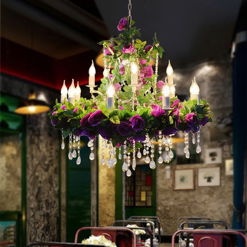 Candle Metal Pendant Chandelier Rustic Restaurant Ceiling Hang Light with Plant Decorations