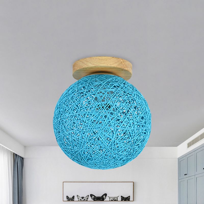 Blue/Flaxen Globe Shade Flush Mount Lighting Modernist 6"/8" Wide 1 Bulb Rattan Ceiling Mount Light for Corridor