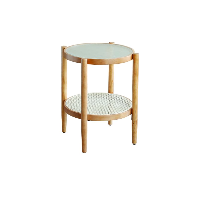 Round Glass/ Wood Top Coffee Table 4 Legs Cocktail Table with Shelf