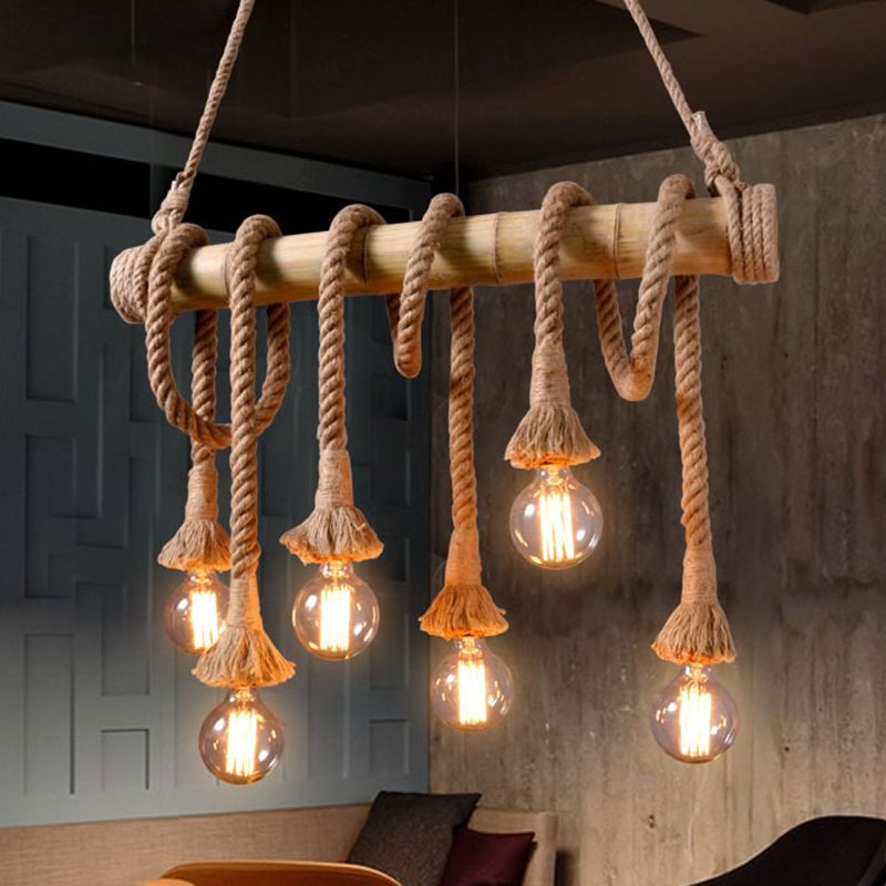 Exposed Bulb Kitchen Pendant Light Fixture Vintage Rope 4/6 Light Beige Hanging Lamp Kit