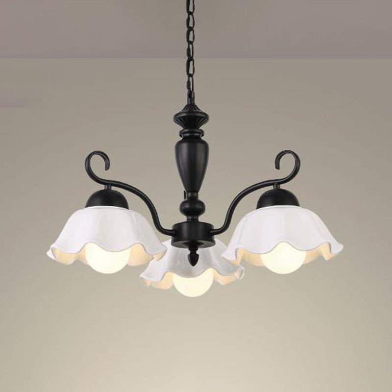 3/6/8 Bulbs Ceiling Lamp with Scalloped Shade Ceramic Traditional Dining Room Chandelier Pendant Light in Black