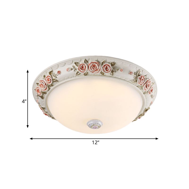 12"/16" Wide Domed Ceiling Mounted Light Korea Countryside White Glass Flush Lamp Fixture with Rose Deco