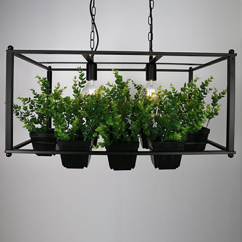 Metal Rectangular Cage Island Light Industrial 2-Bulb Living Room Pendant Light with Fake Plant Pot in Green