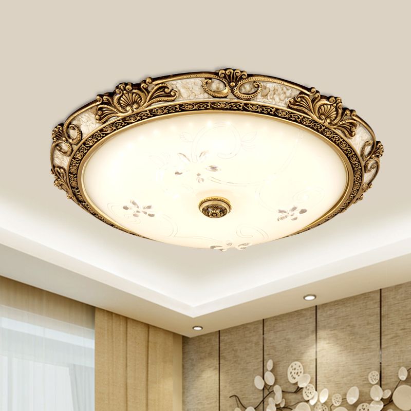 Brass LED Flushmount Light Vintage Style Cream Glass Bowl Shape Flush Lamp Fixture in Warm/White Light, 13"/16"/19.5" Wide