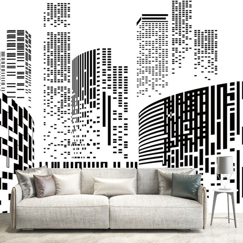 Modern City Wall Mural Decal for Office Room, Personalized Size Wall Decor in Black and White