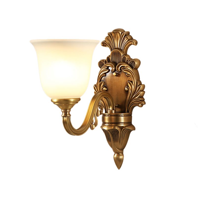 1/2-Bulb Bell Wall Mounted Light Traditional Style Milky Glass Sconce Lamp in Gold for Bedroom