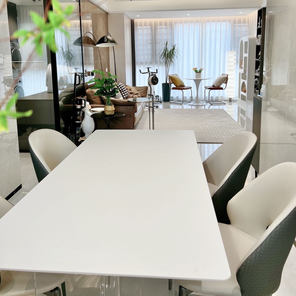 Contemporary White Rectangular Stone Dining Table with Acrylic Base