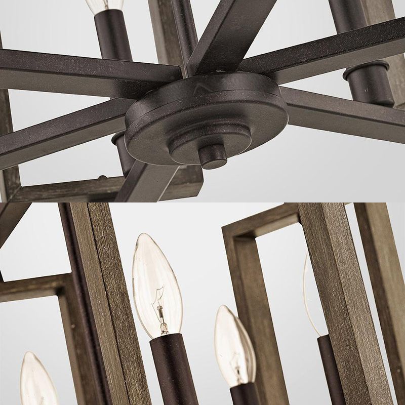 Brown 6 Lights Chandelier Lighting Rustic Metal Rectangular Pendant Lamp for Bedroom