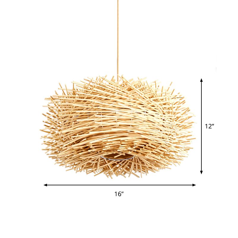 Asian 1 Bulb Ceiling Pendant Light Beige Nest Shape Hanging Lamp Kit with Rattan Shade
