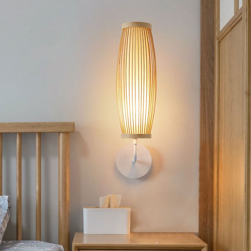 Beige Ellipsoid Wall Lamp Sconce Asian Style Single Bulb Bamboo Wall Lighting for Bedroom