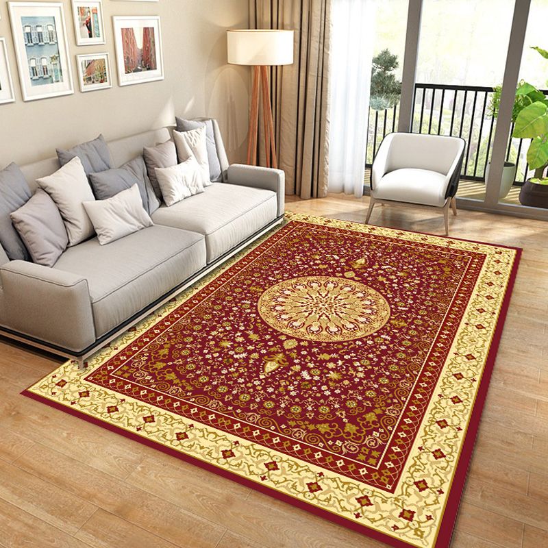 Stylish Medallion Pattern Area Carpet Red Traditional Area Rug Anti-Slip Rug for Living Room