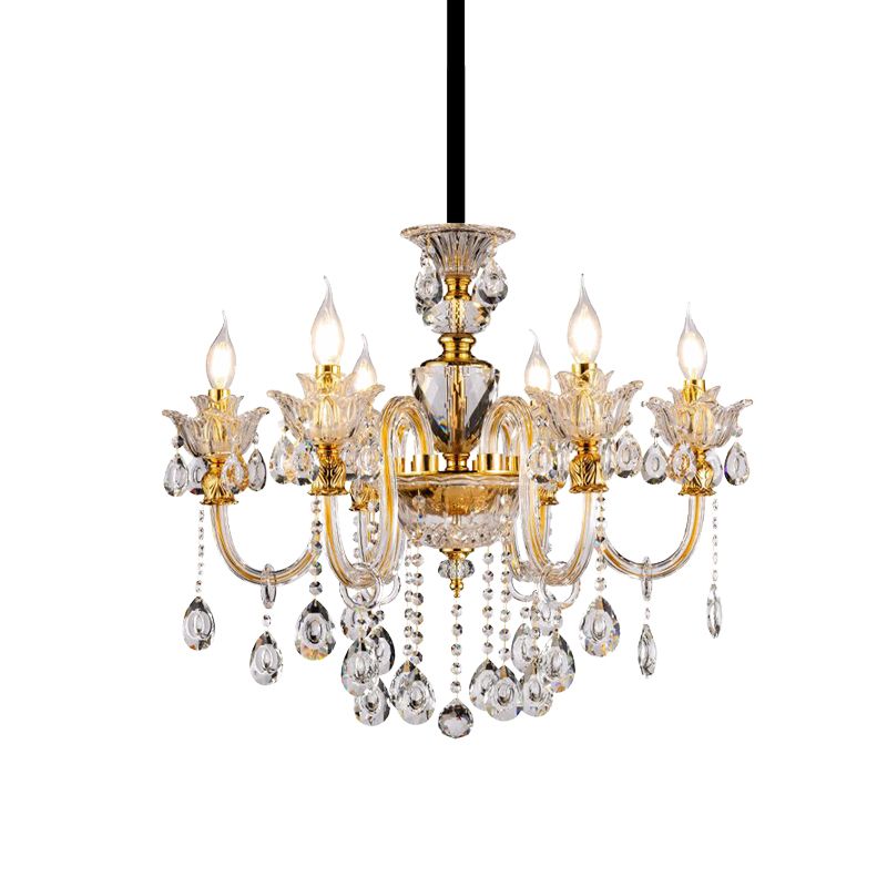 Mid-Century Candle Chandelier 6 Heads Clear Crystal Suspension Pendant Light in Gold for Bedroom